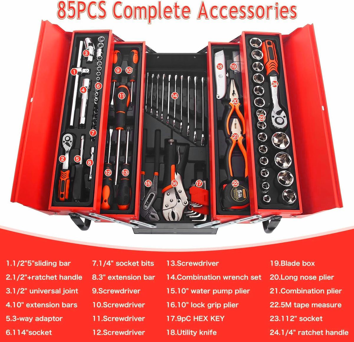 85 Piece Hand Tool Socket Wrench Set with Metal Mechanic Tool Box Car Tool - Image 4